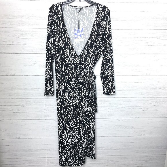 NEW Diane Von Furstenberg Wrap Dress Black & White Print Stretch Long Sleeve XXL - Picture 1 of 8